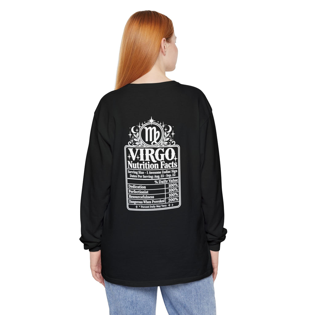 Virgo Zodiac Long Sleeve Tee — 'Virgo Nutrition Facts' Astrology Shirt